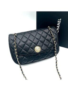 Chanel Quilted Chain Shoulder Bag Lambskin Black Gold